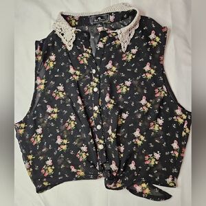 Iris Basic Girls Black Floral Sheer Button Up Sleeveless Shirt Size Large